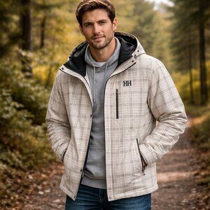 Helly Hansen Checked Coat – Cream Nylon – Size XL ☁️